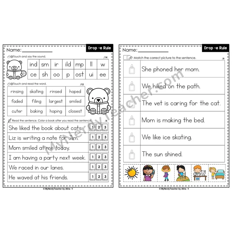 Drop e Spelling Rule Decodable Sentences — Read and Match (PowerPoint Color)