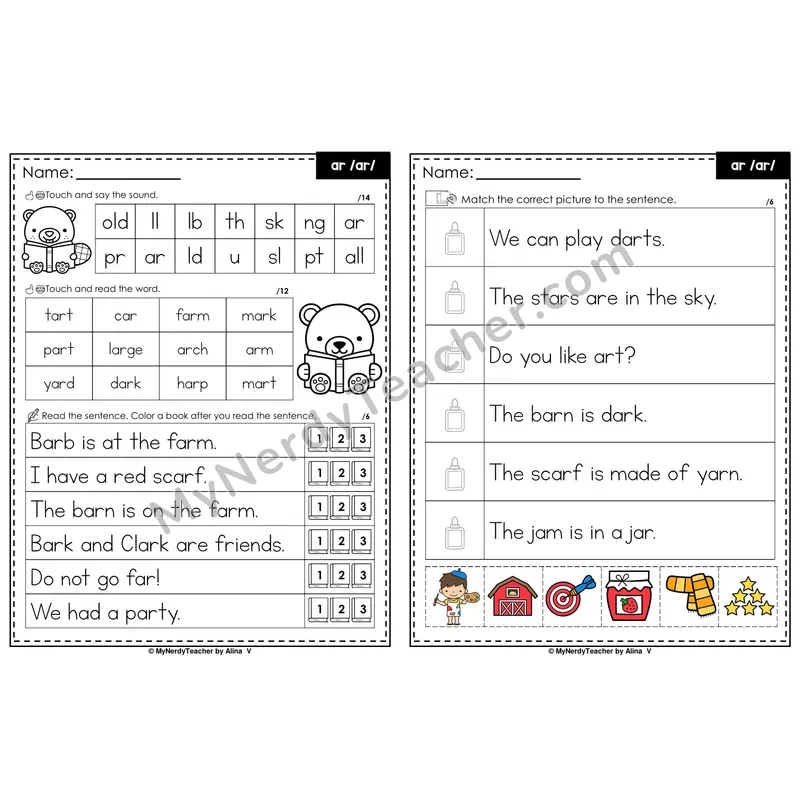 ar R-Controlled Vowel Decodable Sentences — Read and Match (PowerPoint Color)