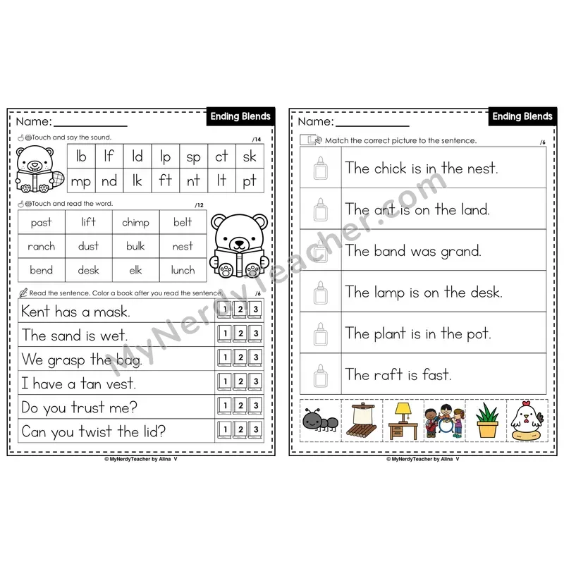 Ending Blends Decodable Sentences — Read and Match (PowerPoint Color)