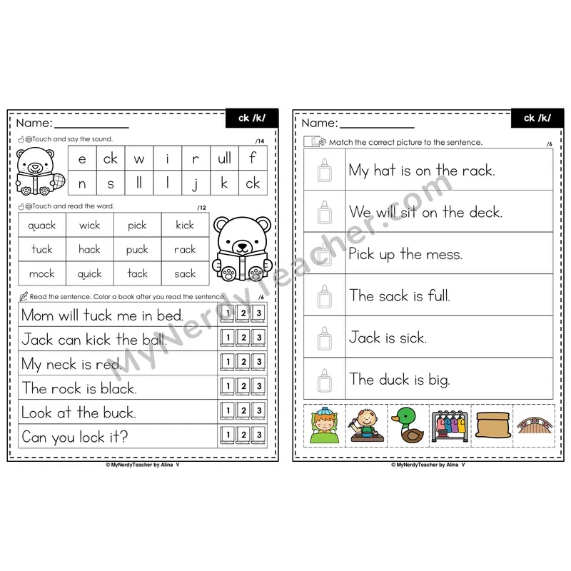 ck Digraph Decodable Sentences — Read and Match (PowerPoint Color)