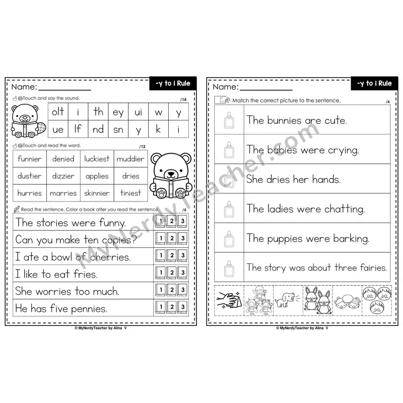 Y to i Spelling Rule Decodable Sentences — Read and Match (PowerPoint Black & White)