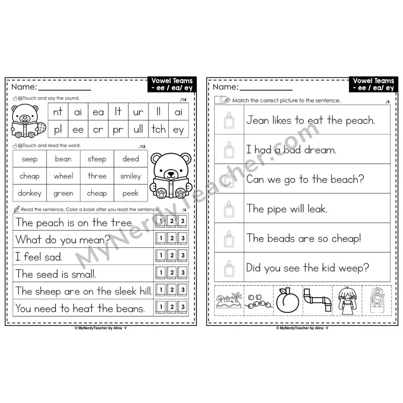 Long E Vowel Team ee, ea, ey Decodable Sentences — Read and Match (PowerPoint Black & White)