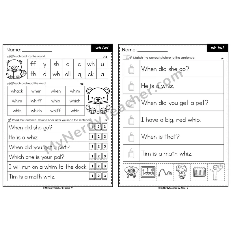 wh Digraph Decodable Sentences — Read and Match (PowerPoint Black & White)