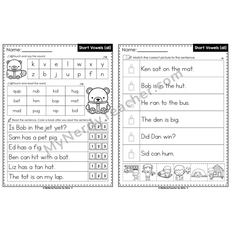 Mixed Short Vowels Review Decodable Sentences — Read and Match (PowerPoint Black & White)
