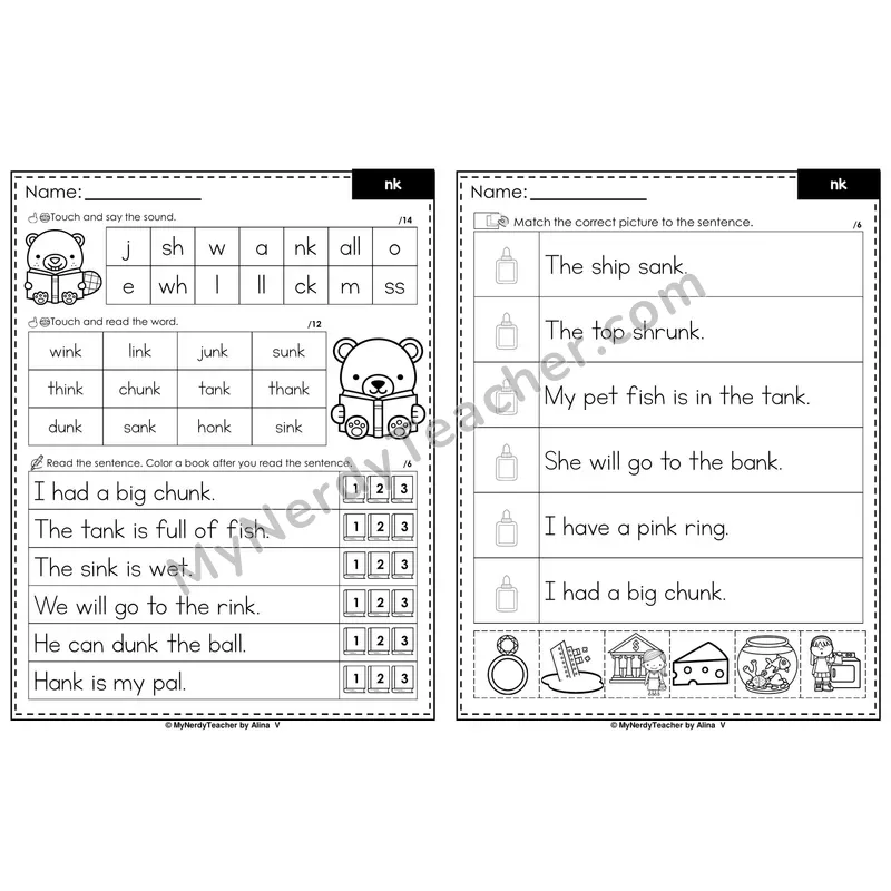 nk Digraph Decodable Sentences — Read and Match (PowerPoint Black & White)