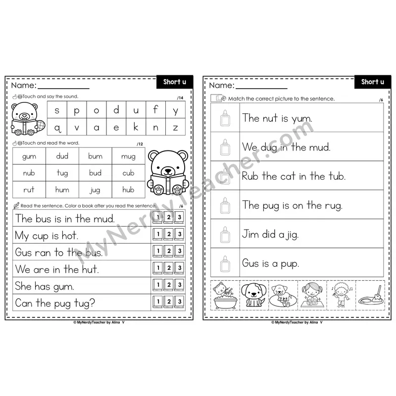 Short U Decodable Sentences — Read and Match (PowerPoint Black & White)