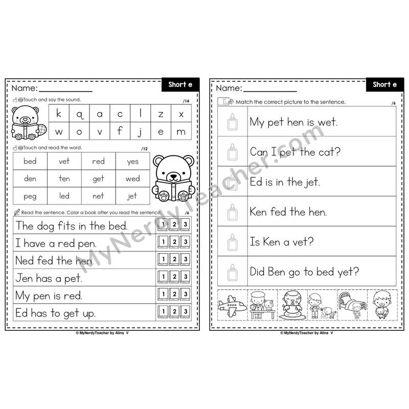 Short E Decodable Sentences — Read and Match (PowerPoint Black & White)