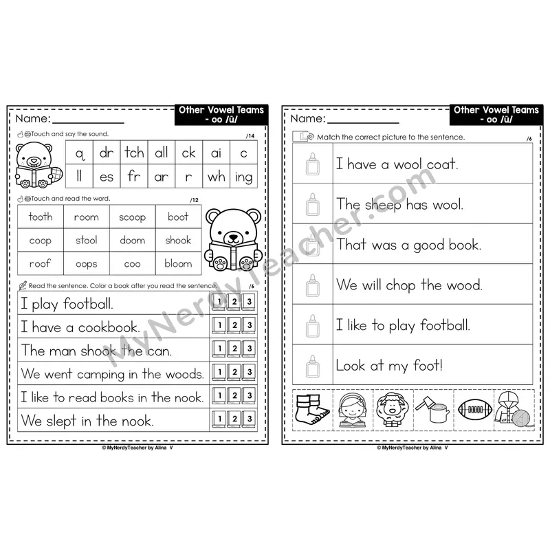 Long OO Vowel Team oo Decodable Sentences — Read and Match (PowerPoint Black & White)
