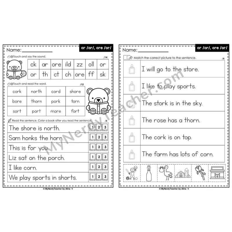 or, ore R-Controlled Vowels Decodable Sentences — Read and Match (PowerPoint Black & White)
