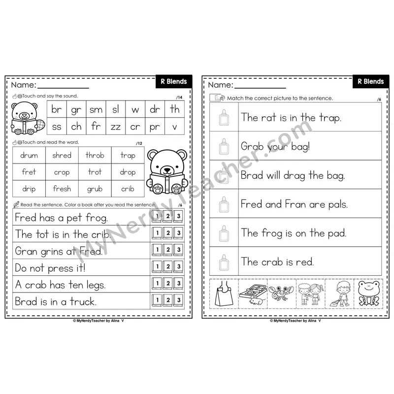 R Blends Decodable Sentences — Read and Match (PowerPoint Black & White)