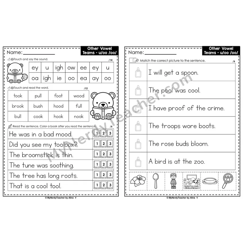 Short OO Vowel Team oo, u Decodable Sentences — Read and Match (PowerPoint Black & White)
