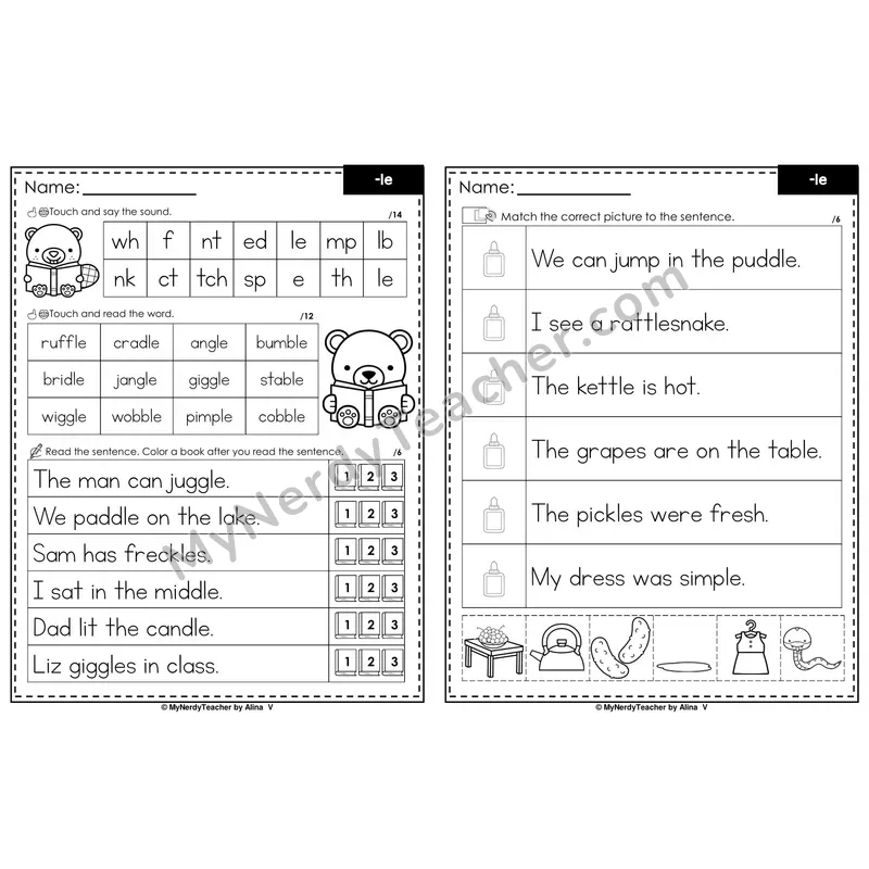 Consonant -le Syllable Decodable Sentences — Read and Match (PowerPoint Black & White)