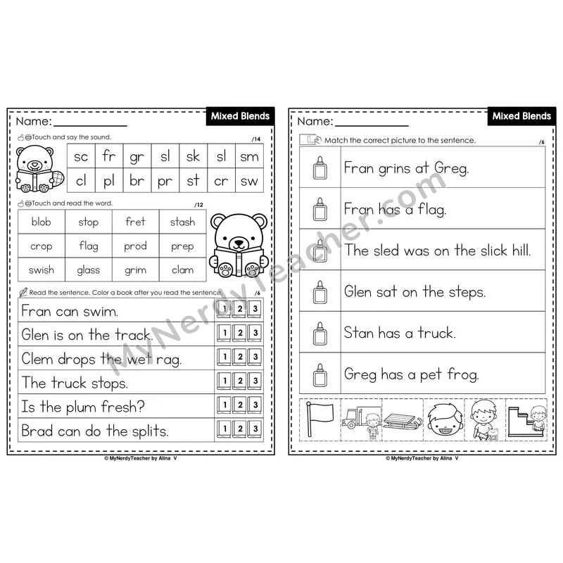 Mixed Blends Decodable Sentences — Read and Match (PowerPoint Black & White)
