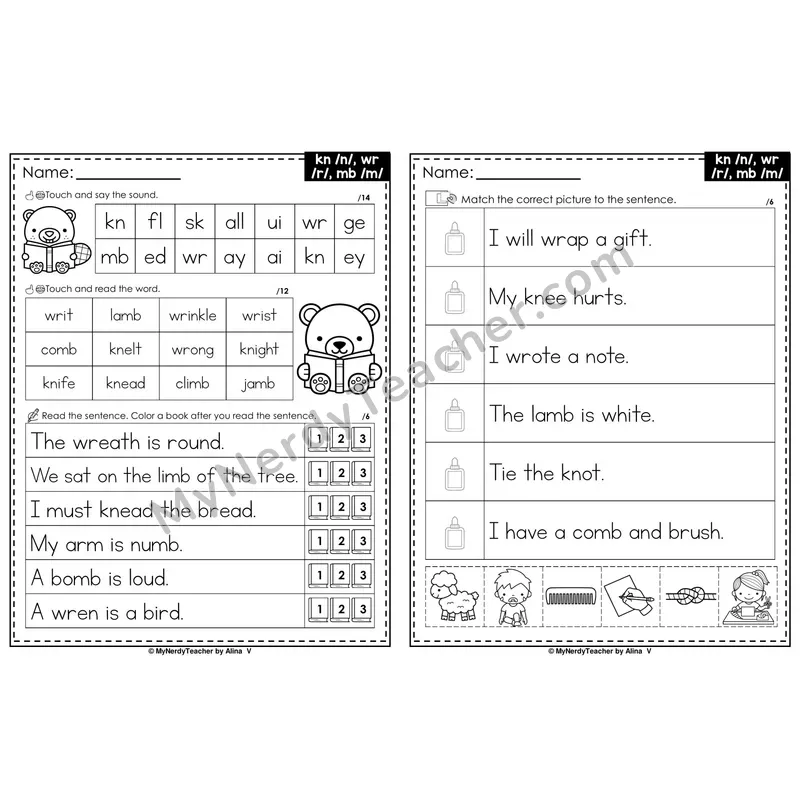 Silent Letters kn, wr, mb Decodable Sentences — Read and Match (PowerPoint Black & White)