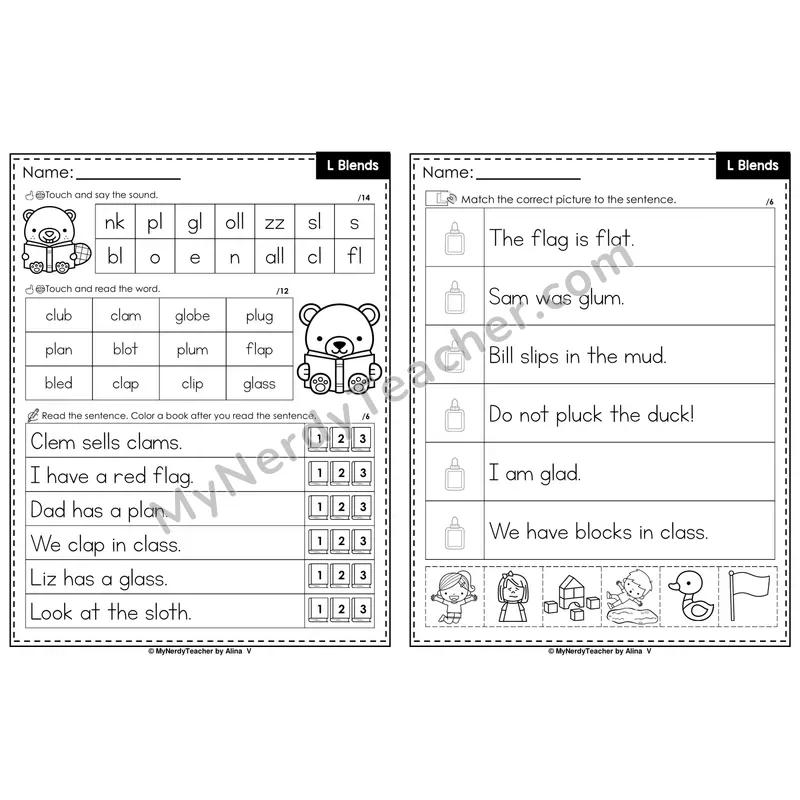 L Blends Decodable Sentences — Read and Match (PowerPoint Black & White)
