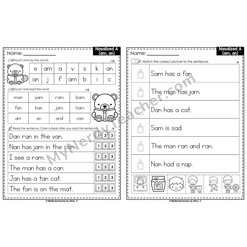 Nasalized A (am, an) Decodable Sentences — Read and Match (PowerPoint Black & White)