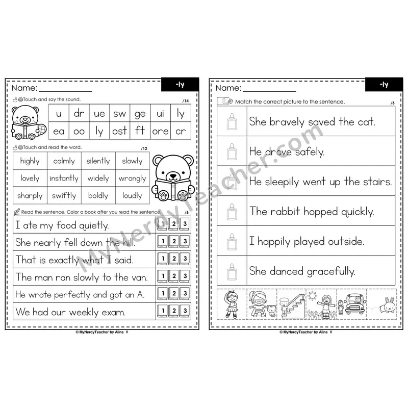Suffix -ly Decodable Sentences — Read and Match (PowerPoint Black & White)
