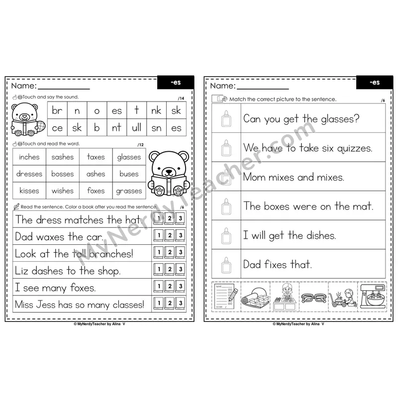 Suffix -es Inflectional Ending Decodable Sentences — Read and Match (PowerPoint Black & White)