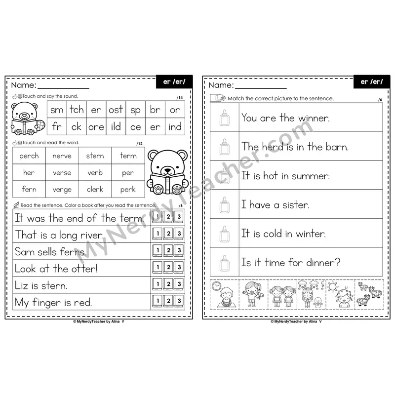 er R-Controlled Vowel Decodable Sentences — Read and Match (PowerPoint Black & White)