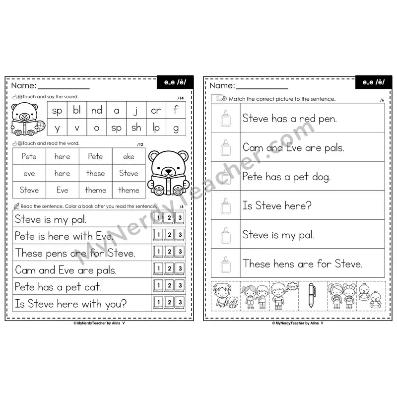 Long E e_e Magic e Decodable Sentences — Read and Match (PowerPoint Black & White)