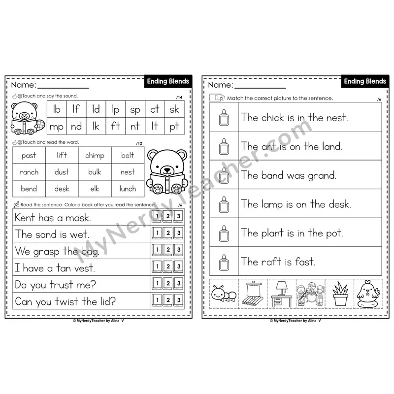 Ending Blends Decodable Sentences — Read and Match (PowerPoint Black & White)
