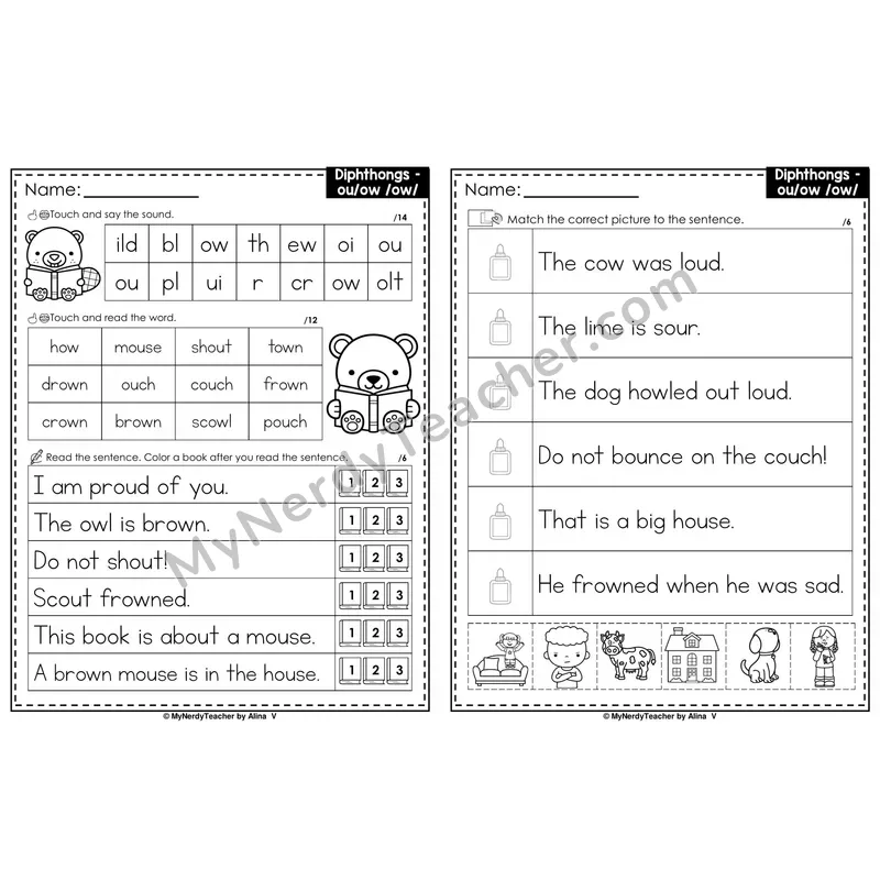 Diphthong ou, ow Decodable Sentences — Read and Match (PowerPoint Black & White)