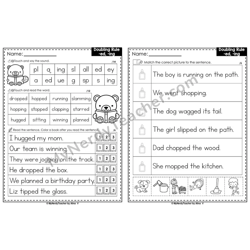 Doubling Rule with -ed, -ing Decodable Sentences — Read and Match (PowerPoint Black & White)