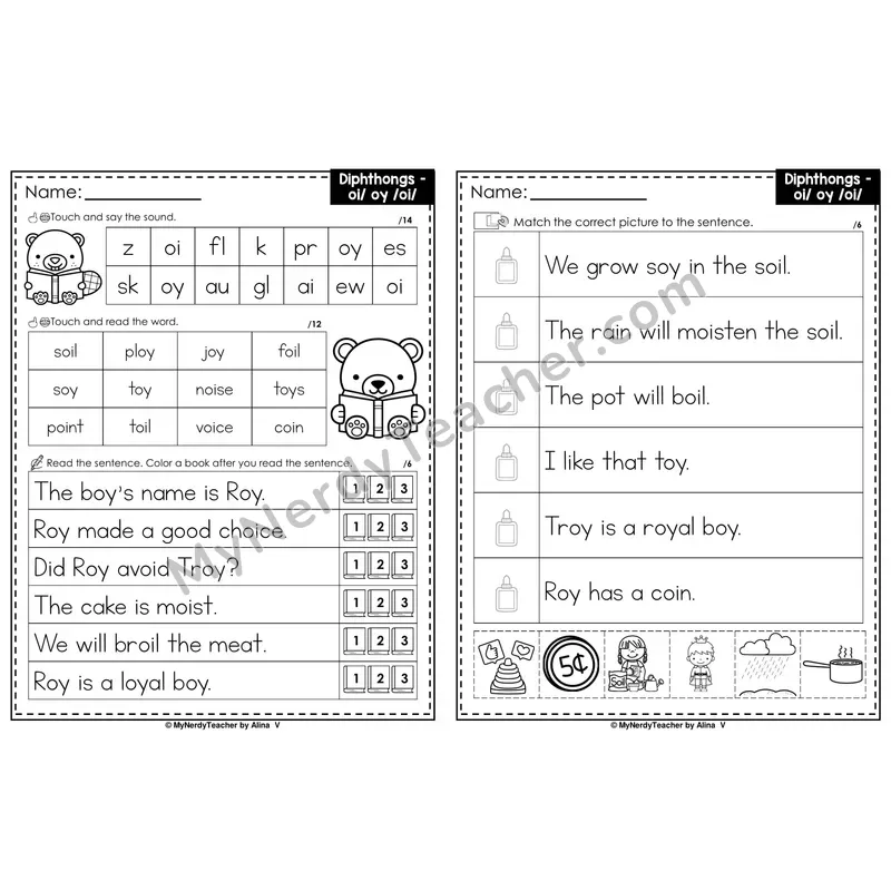 Diphthong oi, oy Decodable Sentences — Read and Match (PowerPoint Black & White)