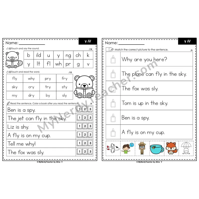 Y as Long I Decodable Sentences — Read and Match (PowerPoint Color)