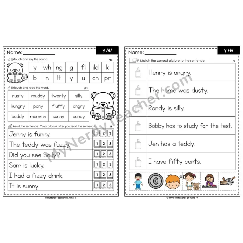 Y as Long E Decodable Sentences — Read and Match (PowerPoint Color)