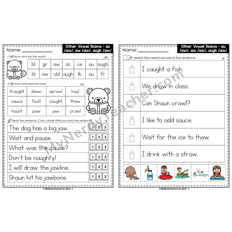 aw Sound Vowel Team au, aw, augh Decodable Sentences — Read and Match (Color)