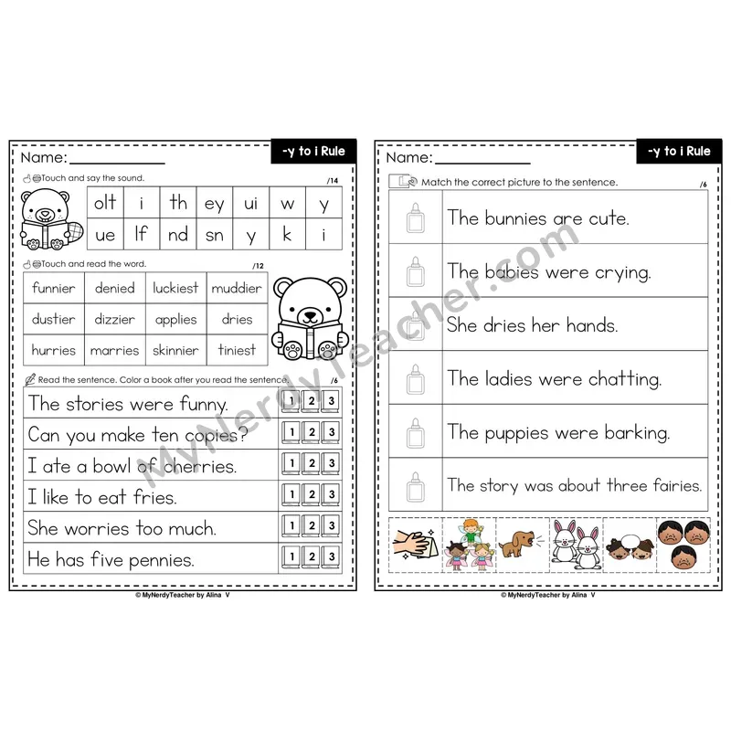 Y to i Spelling Rule Decodable Sentences — Read and Match (Color)