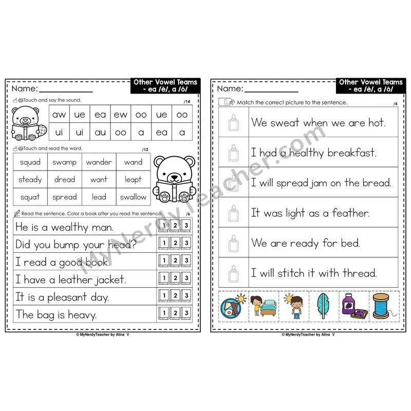 Alternate Sounds ea, a Decodable Sentences — Read and Match (Color)