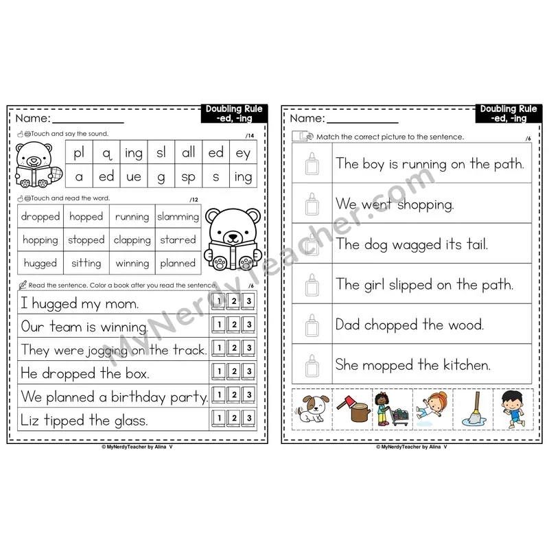 Doubling Rule with -ed, -ing Decodable Sentences — Read and Match (Color)