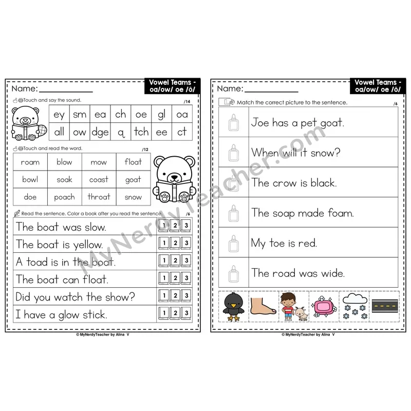 Long O Vowel Team oa, ow, oe Decodable Sentences — Read and Match (Color)