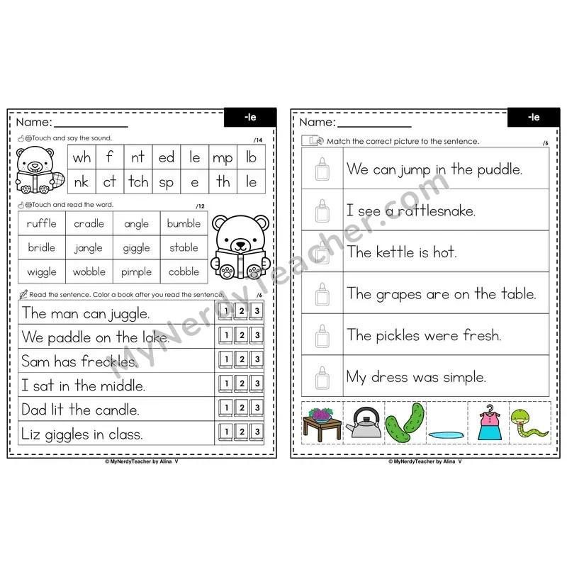 Consonant -le Syllable Decodable Sentences — Read and Match (Color)