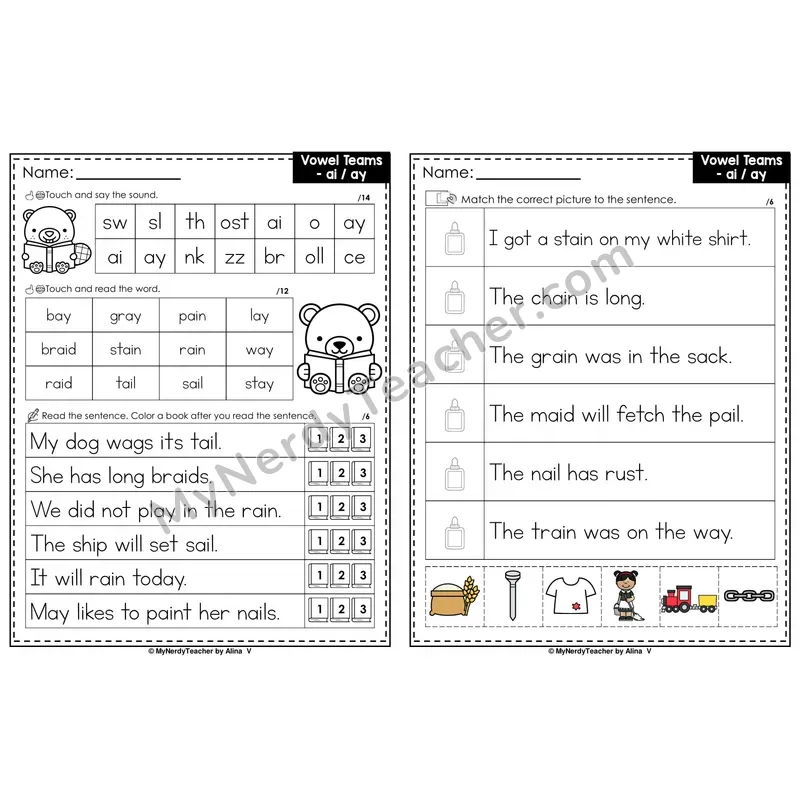 Long A Vowel Team ai, ay Decodable Sentences — Read and Match (Color)