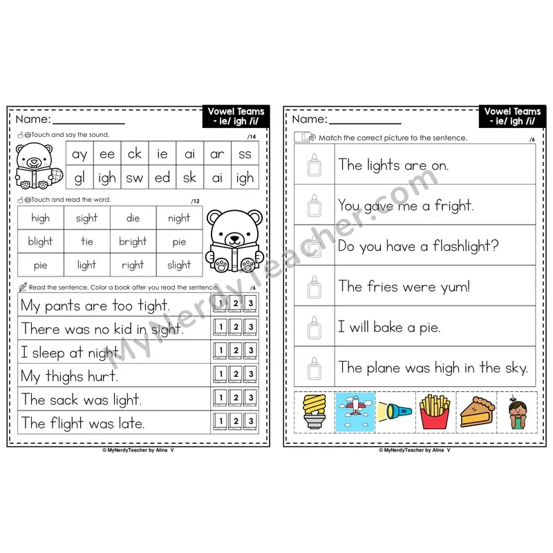 Long I Vowel Team ie, igh Decodable Sentences — Read and Match (Color)