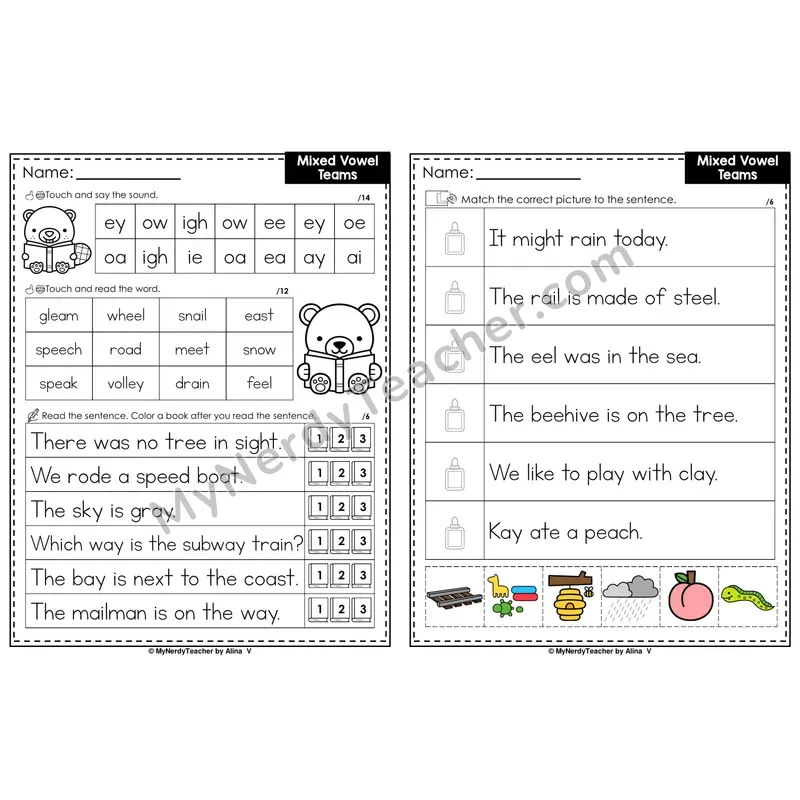 Mixed Vowel Teams Review Decodable Sentences — Read and Match (Color)