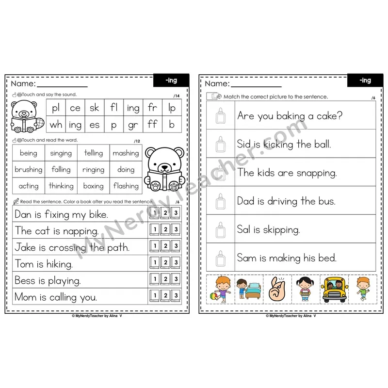 Suffix -ing Inflectional Ending Decodable Sentences — Read and Match (Color)