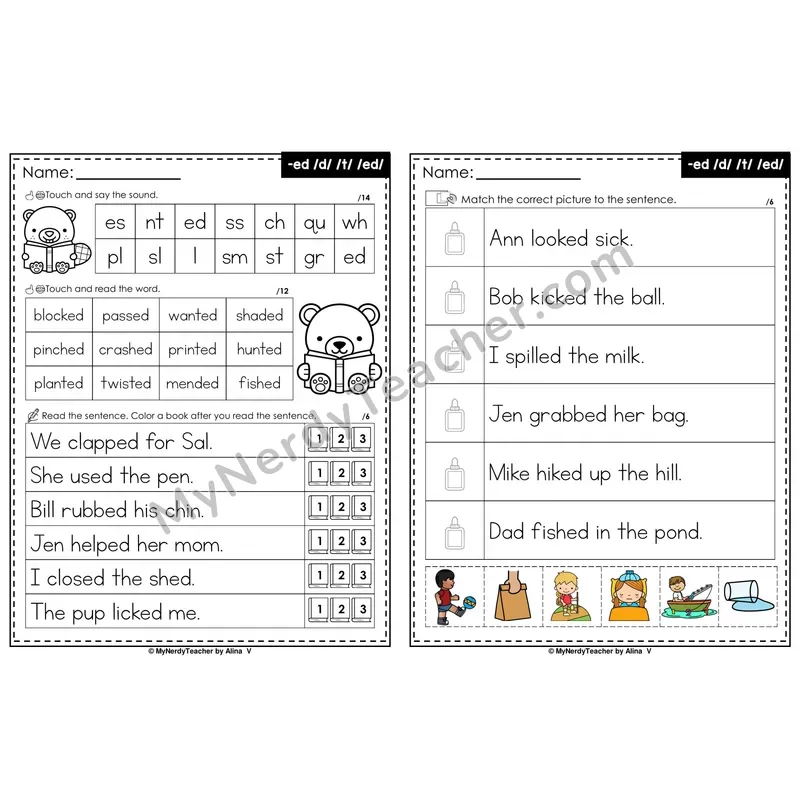 Suffix -ed Inflectional Ending Decodable Sentences — Read and Match (Color)