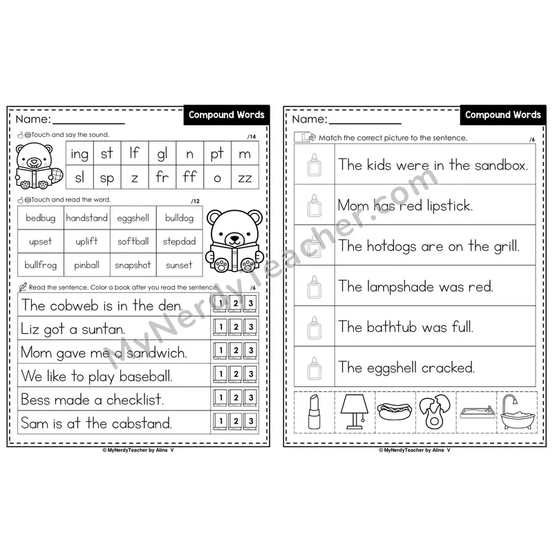 Compound Words Decodable Sentences — Read and Match (Color)