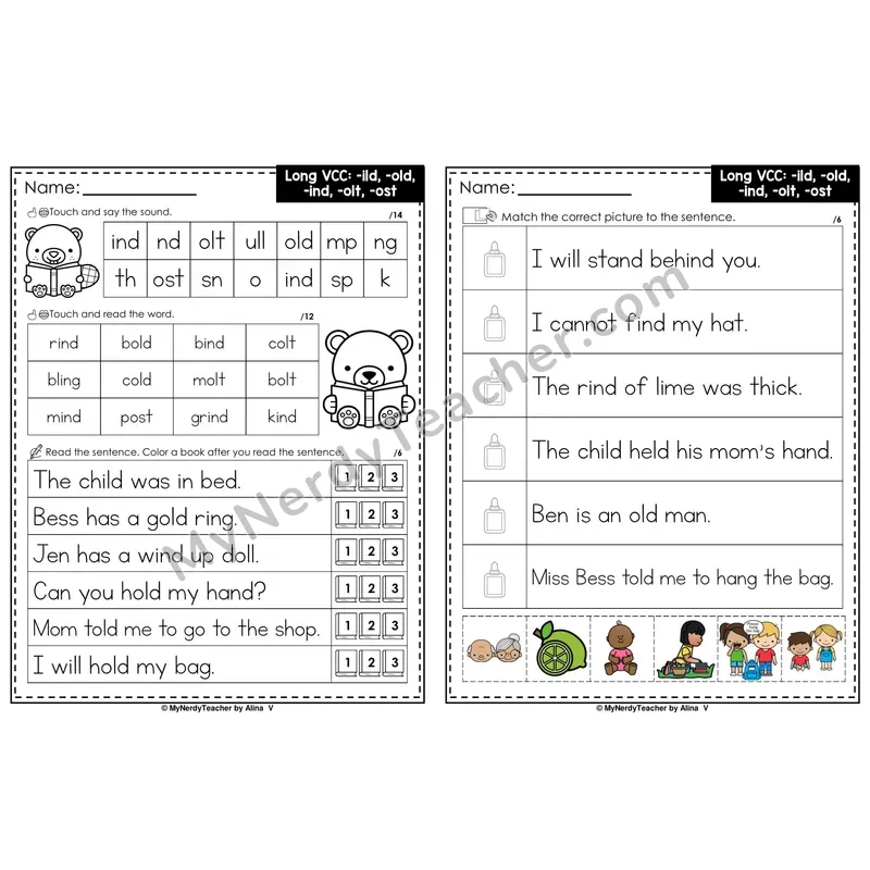 Long VCC Patterns ild old ind olt ost Decodable Sentences — Read and Match (Color)