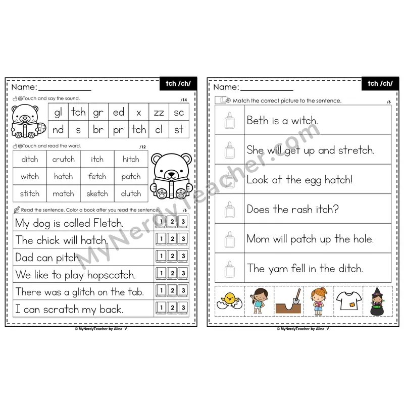 tch Trigraph Decodable Sentences — Read and Match (Color)