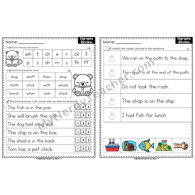 Mixed Digraphs Review Decodable Sentences — Read and Match (Color)