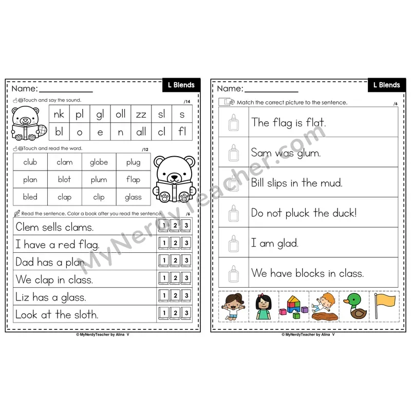 L Blends Decodable Sentences — Read and Match (Color)