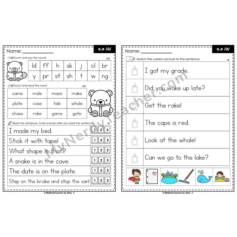 Long A a_e Magic e Decodable Sentences — Read and Match (Color)