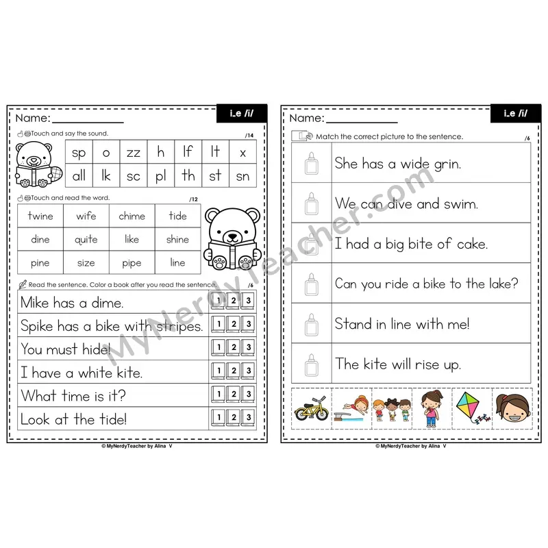 Long I i_e Magic e Decodable Sentences — Read and Match (Color)