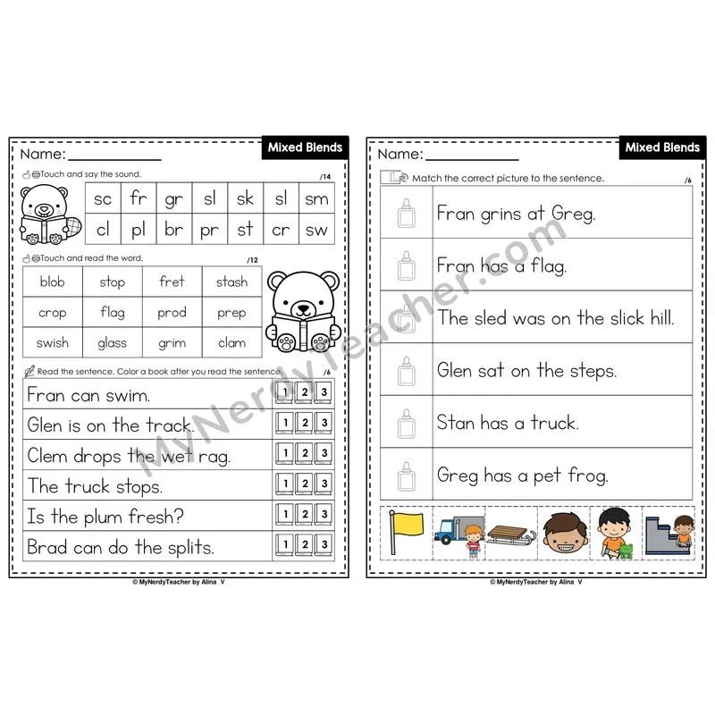Mixed Blends Decodable Sentences — Read and Match (Color)
