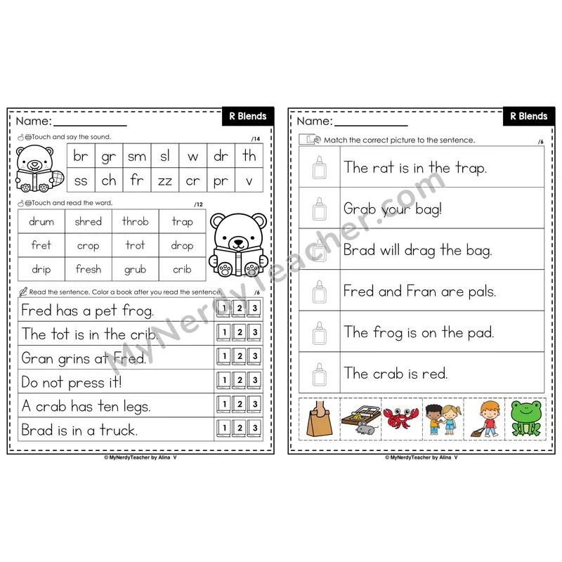 R Blends Decodable Sentences — Read and Match (Color)